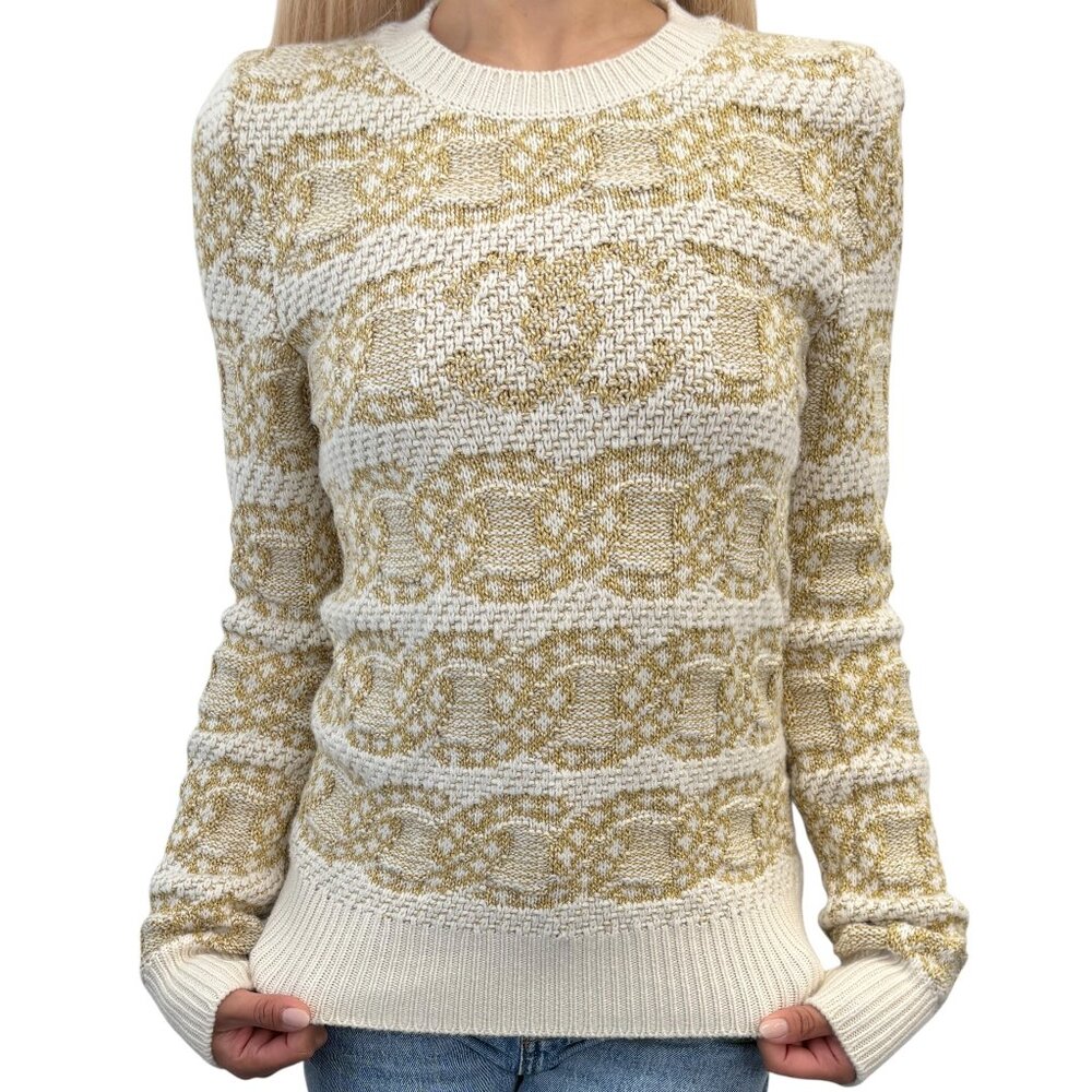 CHANEL P63133 CC Logo Cashmere Knit Sweater Top #34 Beige Cream Cotton [106083]